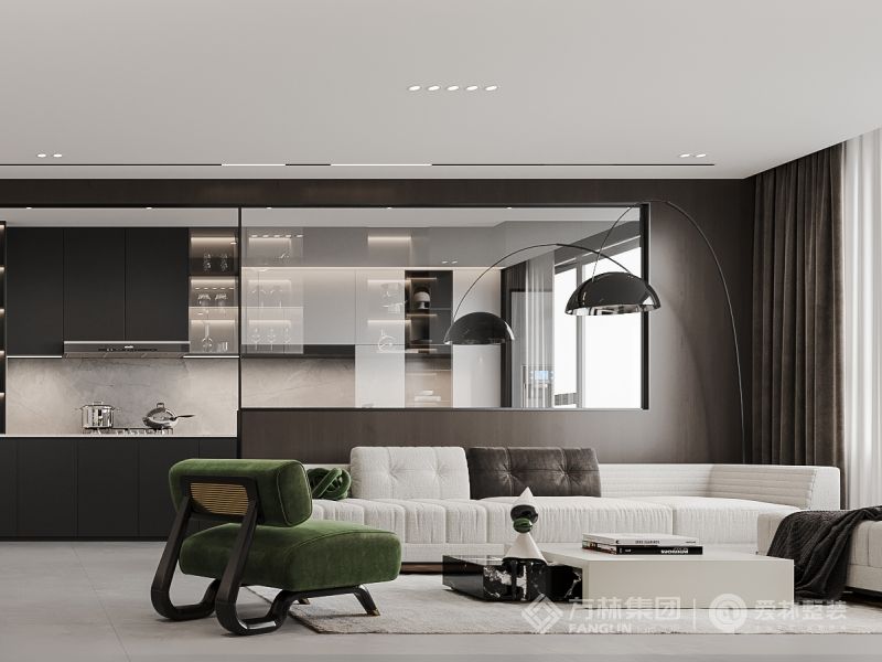 客厅区域电视墙采用黑白撞色定制一体柜增加储物空间的同时使整体更加协调